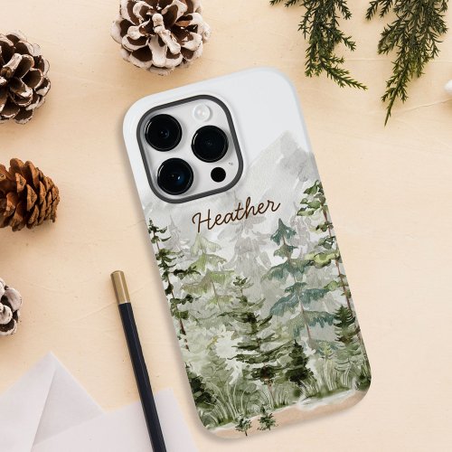 Monogram Watercolor Green Pine Forest on Mountain Case_Mate iPhone 14 Pro Case