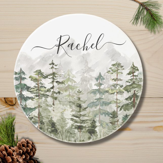 Monogram Watercolor Green Pine Forest on Mountain Coaster (Close up)