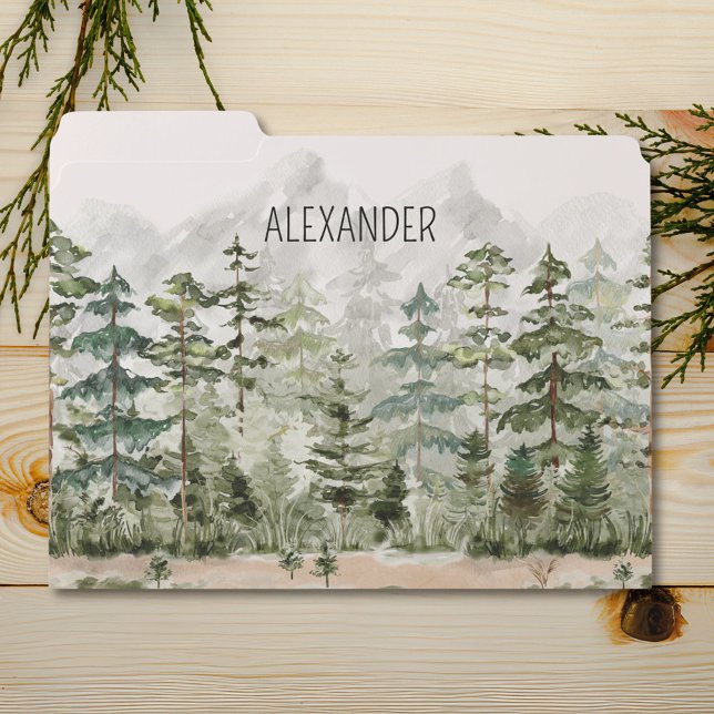 Monogram Watercolor Green Pine Forest on Mountain File Folder (Front)
