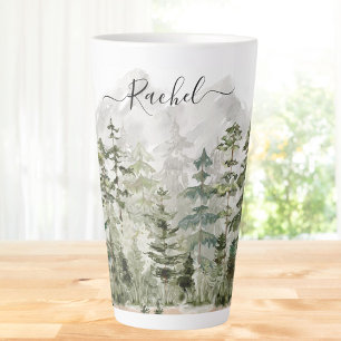 Monogram Watercolor Green Pine Forest on Mountain Latte Mug