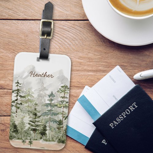 Monogram Watercolor Green Pine Forest on Mountain Luggage Tag