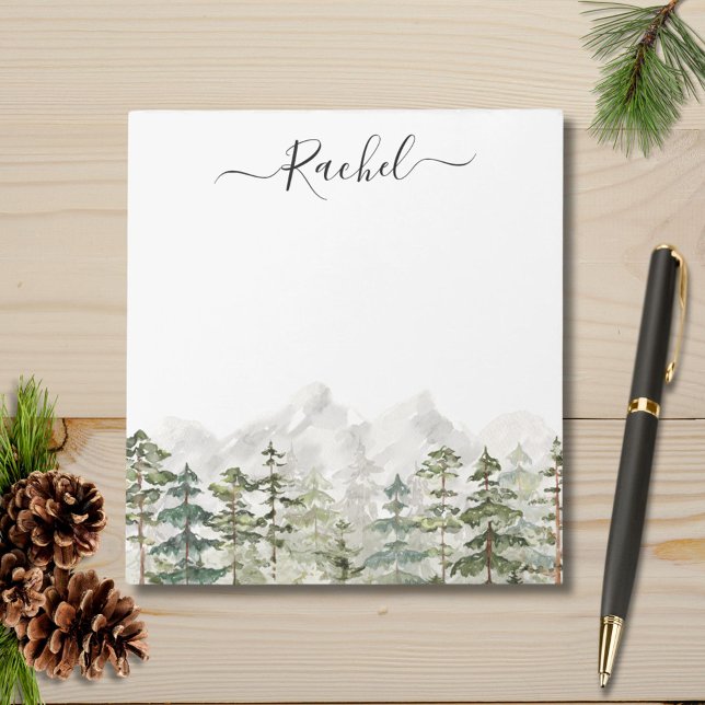 Monogram Watercolor Green Pine Forest on Mountain Notepad (In situ)