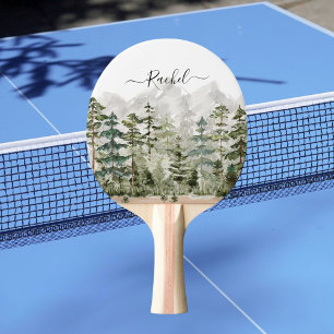 Monogram Watercolor Green Pine Forest on Mountain Ping Pong Paddle