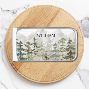 Monogram Watercolor Green Pine Forest on Mountain Silver Finish Money Clip