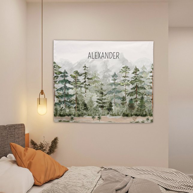 Monogram Watercolor Green Pine Forest on Mountain Tapestry (In situ boy bedroom)
