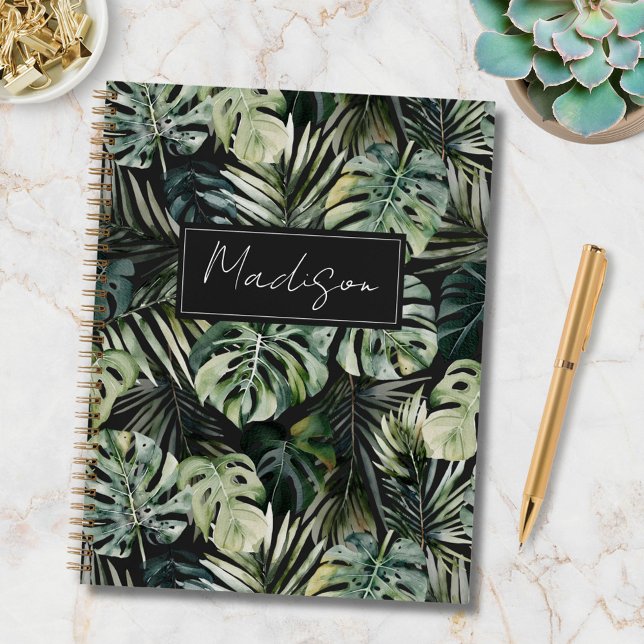 Monogram Watercolor Green Tropical Leaves Pattern Planner (In situ)