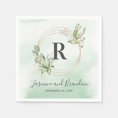 Monogram Watercolor Greenery Gold Wedding Napkins - Elegant botanical monogram wedding napkins featuring a dreamy dusty green watercolor wash background, modern watercolor green woodland foliage, stylish gold glitter accents, your initial, names, and wedding date.