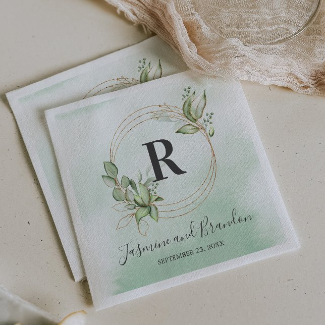 Monogram Watercolor Greenery Gold Wedding Napkins (Creator Uploaded)