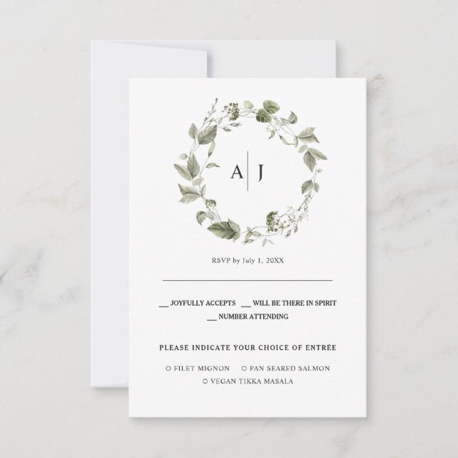 Monogram | Watercolor Greenery Wedding RSVP Announcement (Front)