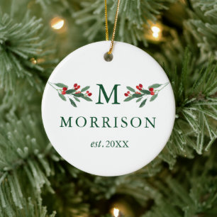 Monogram Watercolor Holly Berries Green PHOTO BACK Ceramic Ornament
