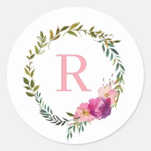 Monogram Watercolor Laurel Pink Flower Wreath Classic Round Sticker