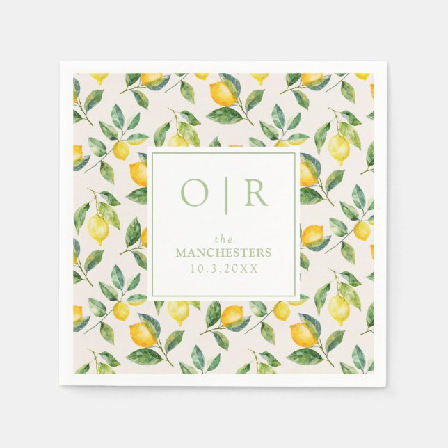 Monogram Watercolor Lemon Wedding Napkins (Front)