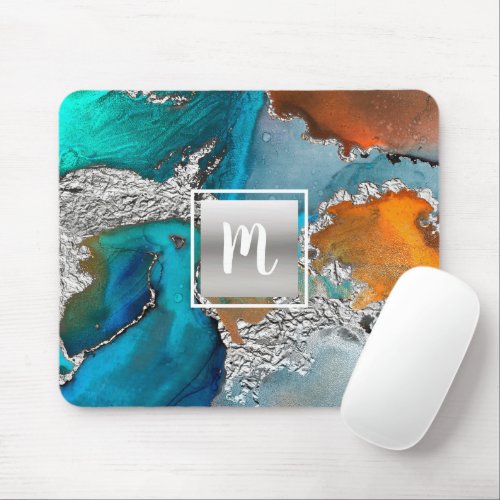 Monogram watercolor marble silver turquoise orange mouse pad