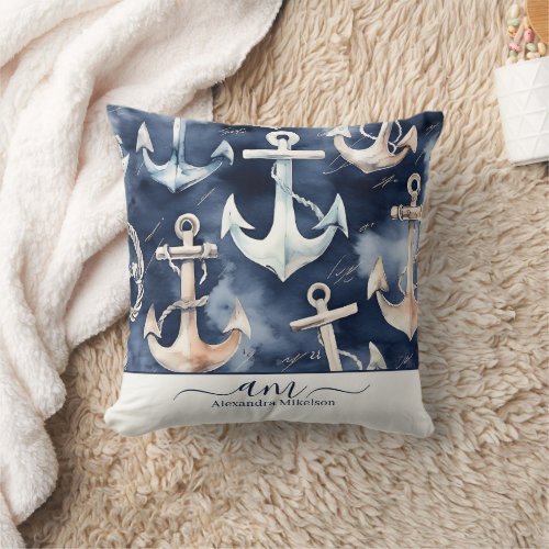 Monogram Watercolor Nautical Anchor Ocean Navy Throw Pillow