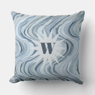 Monogram watercolor nautical blue gray stripe wave throw pillow