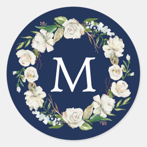 Monogram Watercolor Navy Blue White Floral Wreath Classic Round Sticker