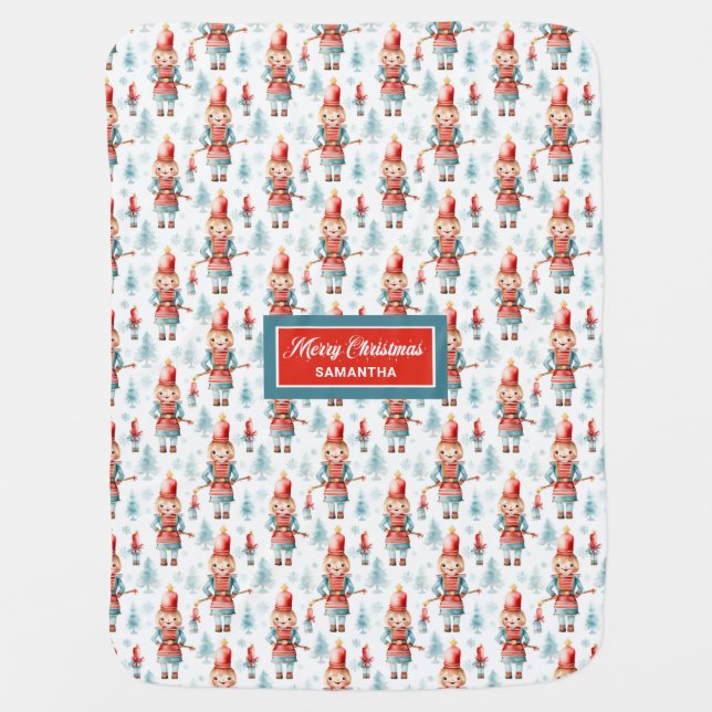 Monogram watercolor nutcracker merry Christmas Baby Blanket (Front)