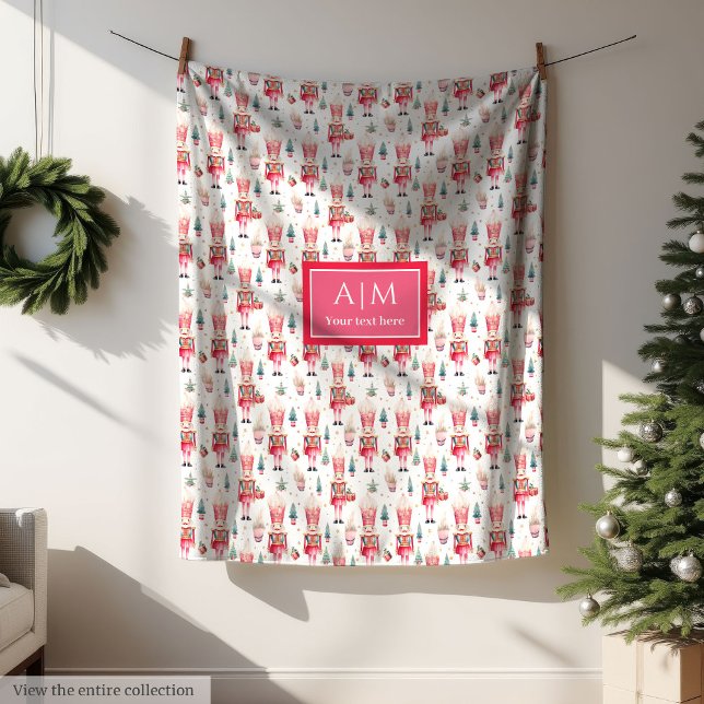Monogram watercolor nutcracker merry Christmas Fleece Blanket (Monogram watercolor nutcracker merry Christmas Fleece Blanket )