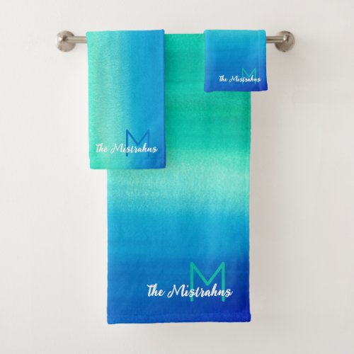 Monogram Watercolor Ocean Blue Green Ombre Beach Bath Towel Set
