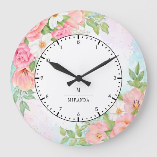 Monogram Watercolor Ombre Floral Greenery Pink Large Clock