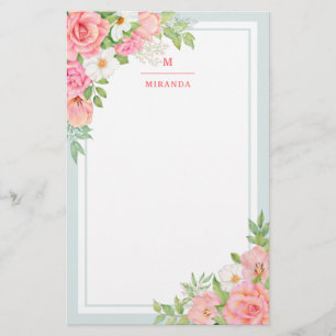 Monogram Watercolor Ombre Floral Greenery Rose Stationery