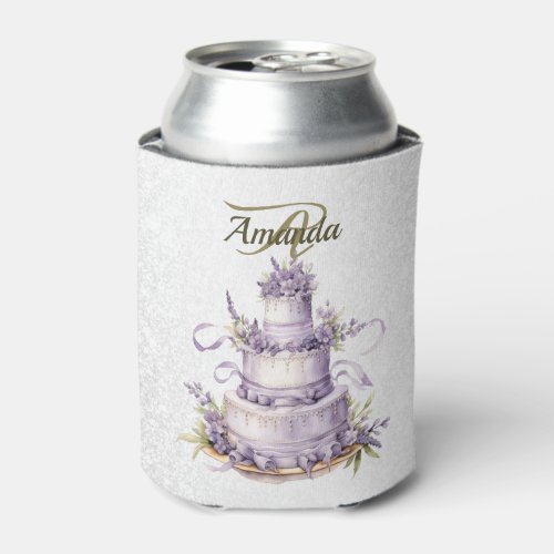 Monogram Watercolor Party Cake Lavender Floral Can Cooler