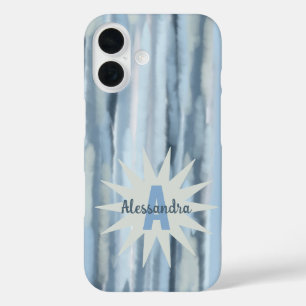 Monogram watercolor pastel stripes blue navy gray iPhone 16 case
