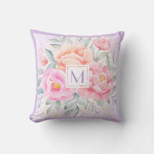 Monogram Watercolor Peonies Roses Pink Floral Boho Throw Pillow
