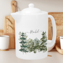 Monogram Watercolor Pine Forest mountain Aesthetic Teapot