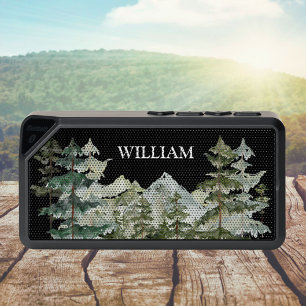 Monogram Watercolor Pine Forest & Mountain Rustic Bluetooth Speaker