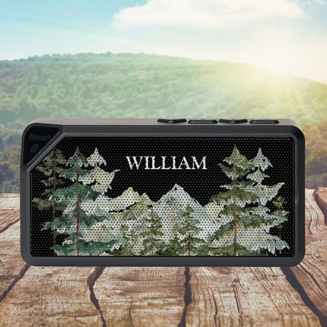 Monogram Watercolor Pine Forest & Mountain Rustic Bluetooth Speaker (In situ)