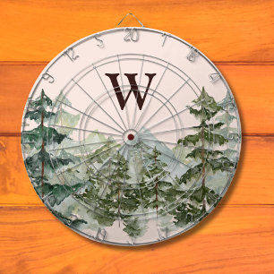 Monogram Watercolor Pine Forest & Mountain Rustic Dart Board