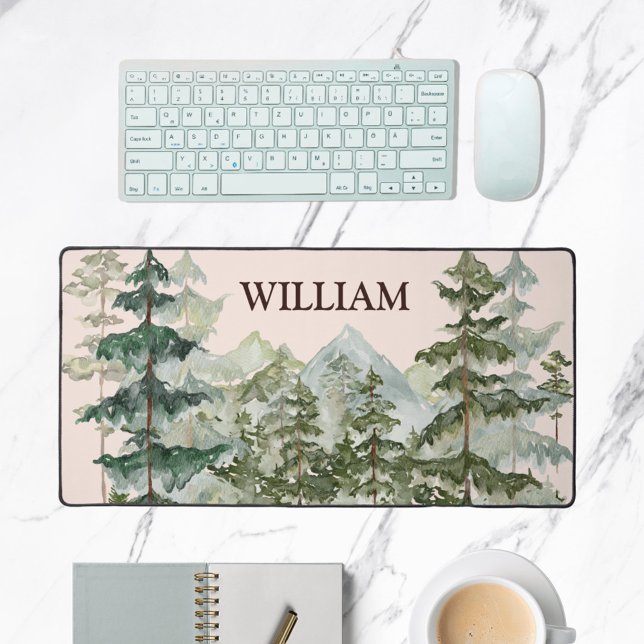 Monogram Watercolor Pine Forest & Mountain Rustic Desk Mat (In situ office desk)