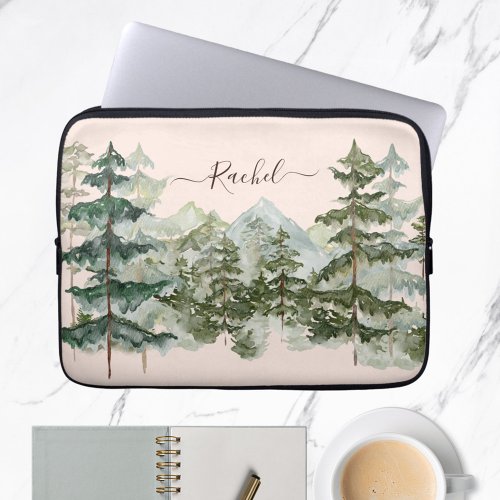 Monogram Watercolor Pine Forest Mountain Rustic Laptop Sleeve