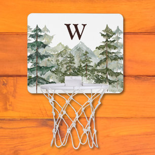 Monogram Watercolor Pine Forest & Mountain Rustic Mini Basketball Hoop