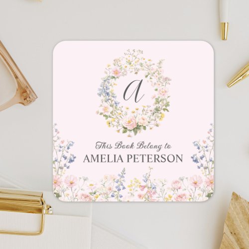 Monogram Watercolor Pink Blue Flowers Bookplate