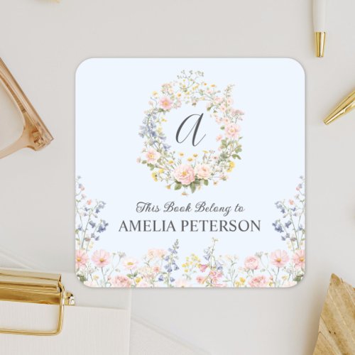 Monogram Watercolor Pink Blue Flowers Bookplate