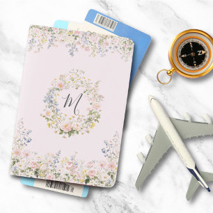 Monogram Watercolor Pink Blue Flowers Floral  Passport Holder