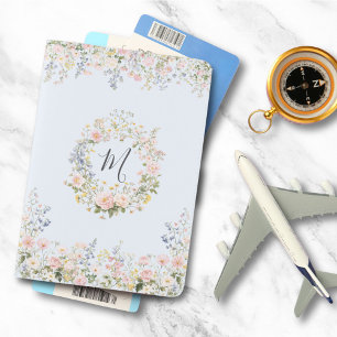 Monogram Watercolor Pink Blue Flowers Floral Passport Holder