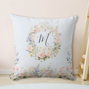 Monogram Watercolor Pink Blue Flowers Floral Throw Pillow