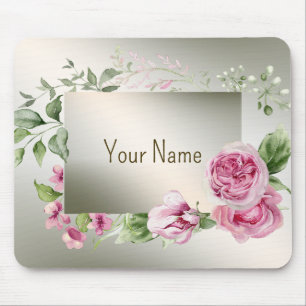 Monogram Watercolor Pink Floral Frame Shiny Bronze Mouse Pad