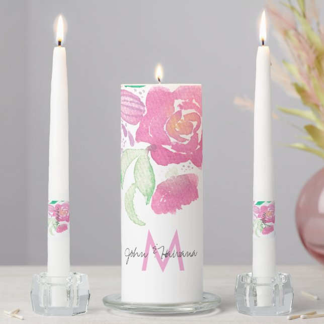 Monogram Watercolor Pink Floral Unity Candle Set (In Situ)