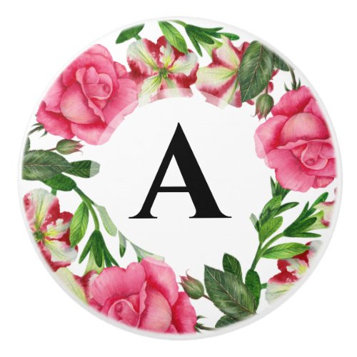 Monogram Watercolor Pink Floral Wreath Painting Ceramic Knob