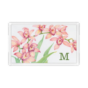 Monogram Watercolor Pink Flowers Acrylic Tray