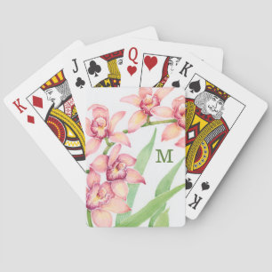 Monogram Watercolor Pink Flowers Poker Cards
