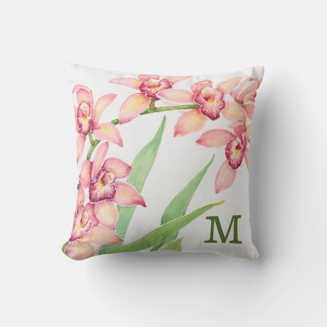 Monogram | Watercolor Pink Flowers Throw Pillow (Front)