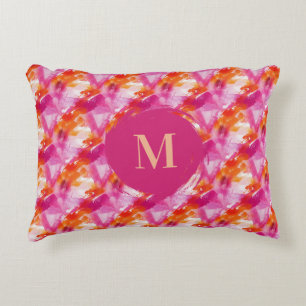 Monogram Watercolor Pink Orange Abstract Accent Pillow