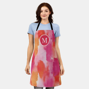 Monogram Watercolor Pink Orange Abstract Apron