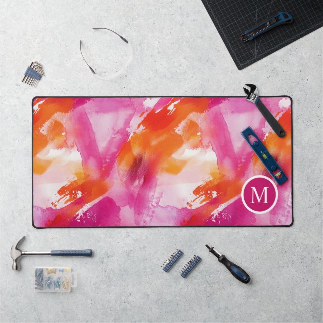 Monogram Watercolor Pink Orange Abstract Desk Mat (Workstation)