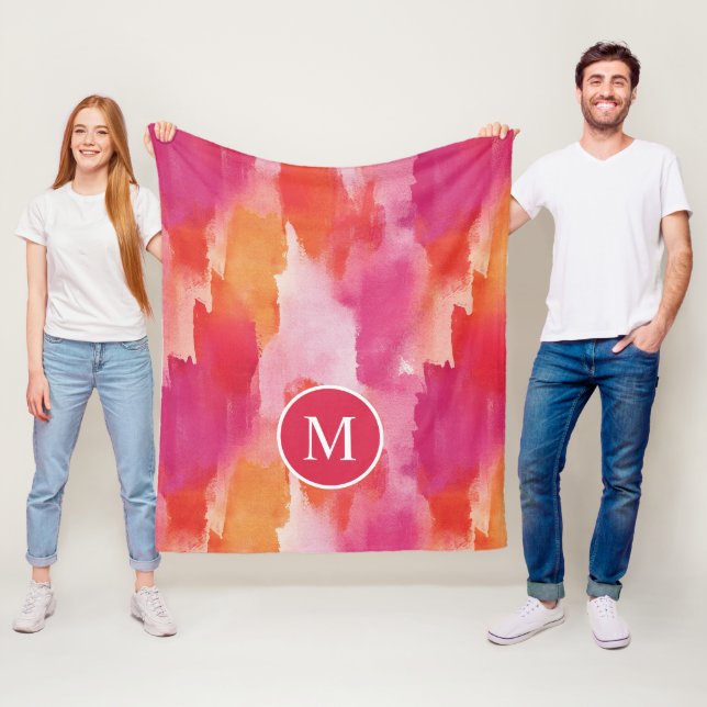 Monogram Watercolor Pink Orange Abstract Fleece Blanket (In Situ)